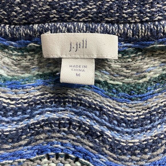 J Jill Sweater Womens M Blue Pullover Striped Wavy Chevron Crew Neck Side Slit - Picture 3 of 11